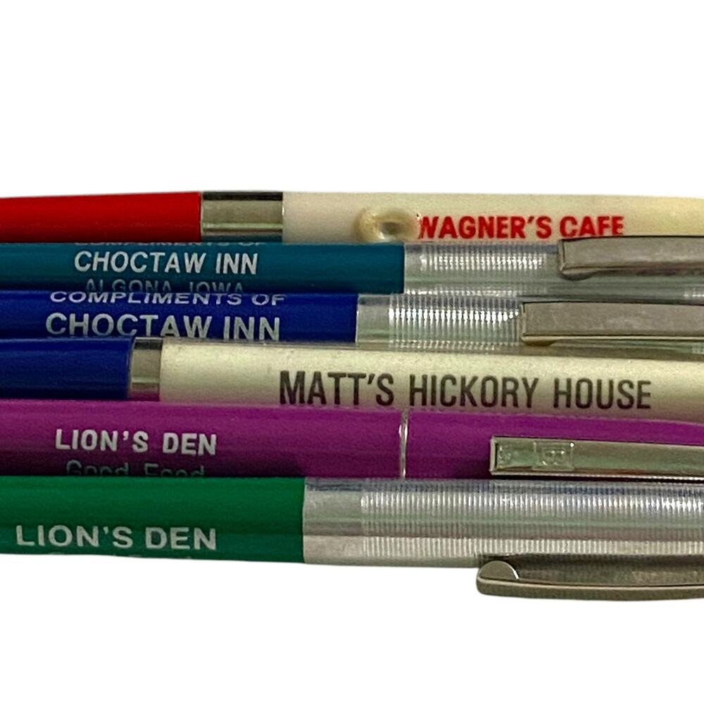 Vtg Lot 6 Food Dining Pen USA Click Ballpoint Chrome Trim Advertising Promo